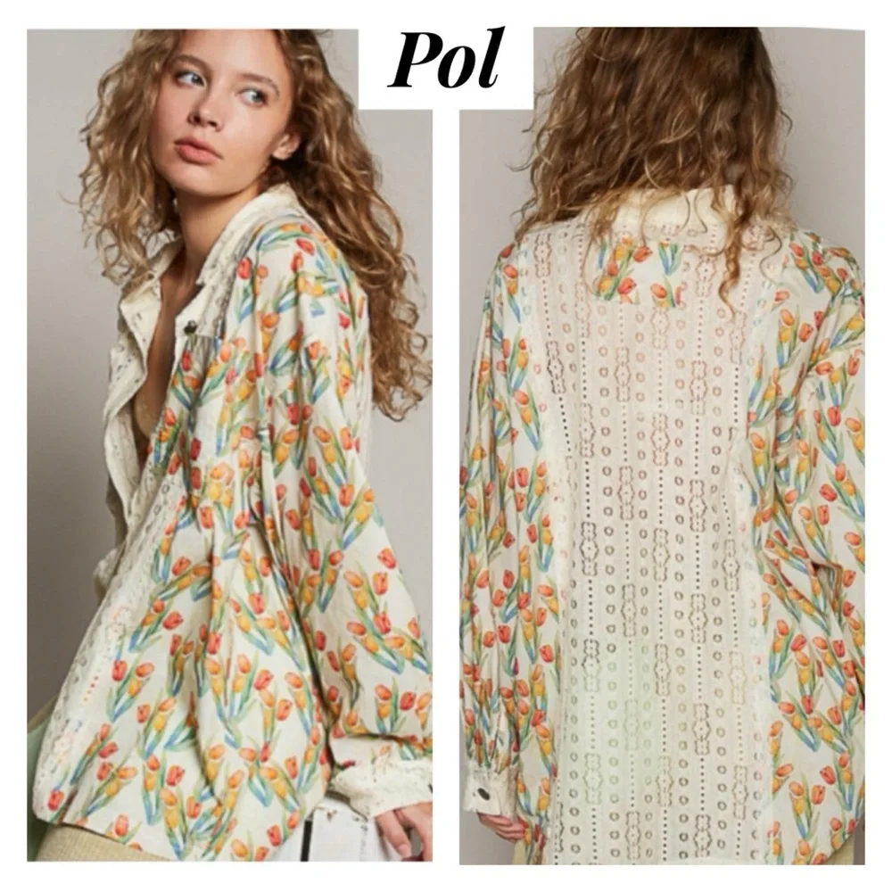 New Pol Floral And Lace Button Down Oversized Spring Top - Picture 2 of 4